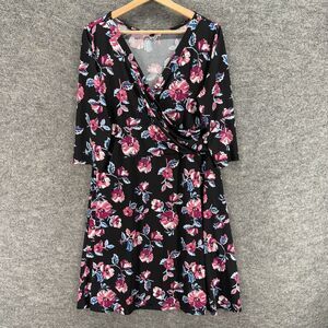 East Adeline Dress Women 1X Plus Black Floral Shift Midi V-Neck 3/4 Sleeve